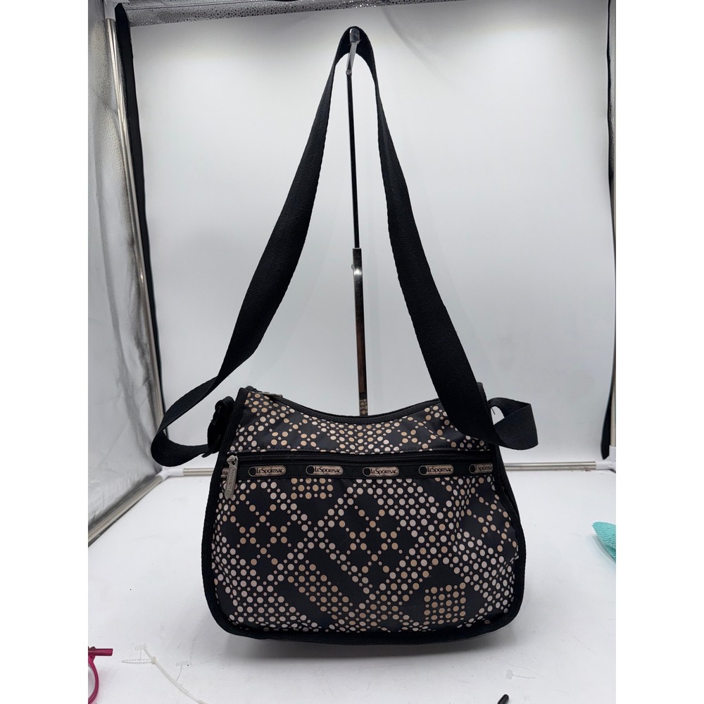 LeSportsac Deluxe Everyday Bag Black Tan Dot Nylon Crossbody Shoulder Bag